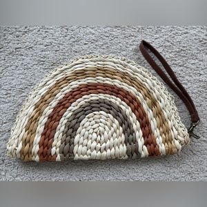 Boho Woven Straw Purse Clutch Brown With Strap Half Moon Neutral